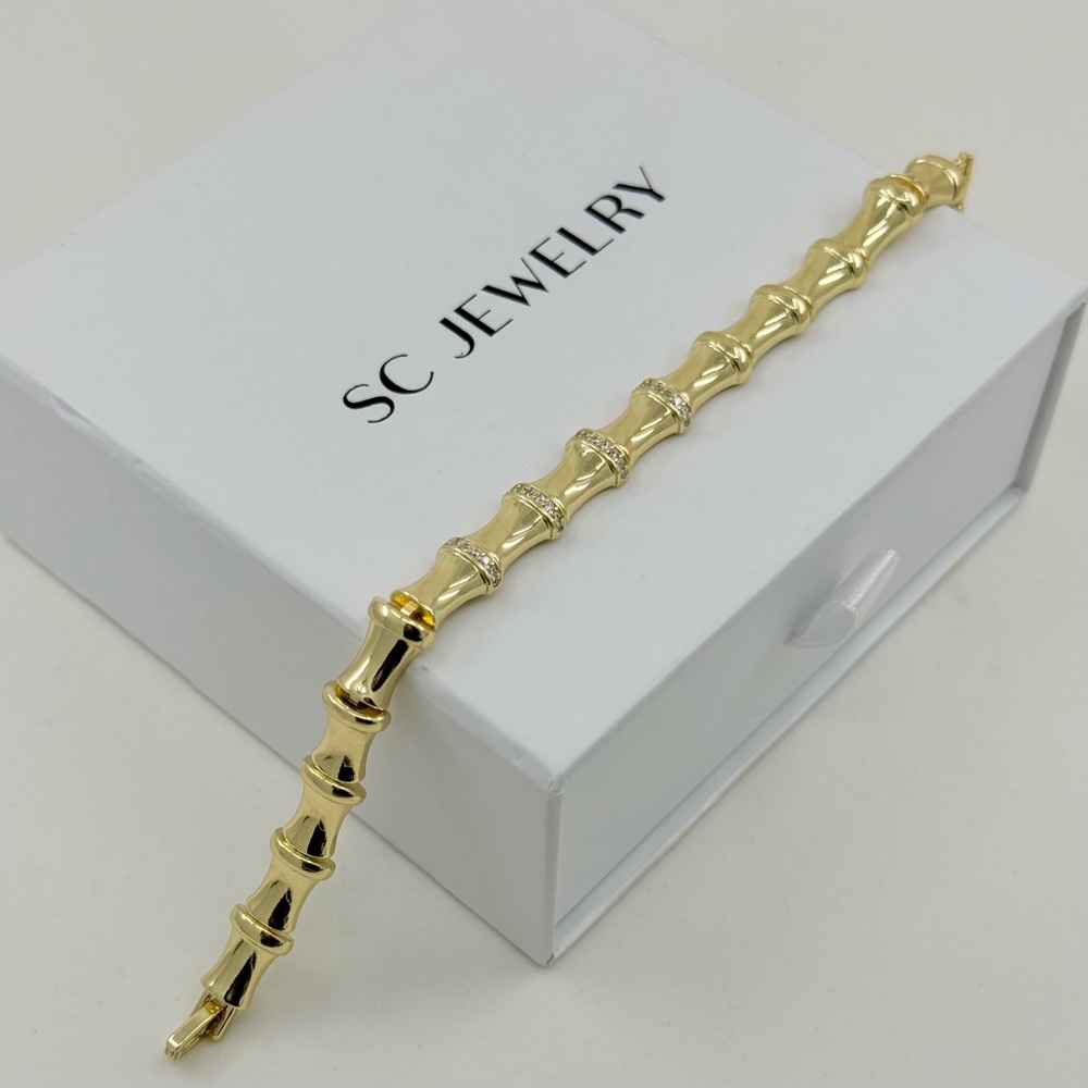 14K Gold Plated Bamboo Link Bracelet with Zircon Stones | Statement Jewelry - Picture 8 of 12